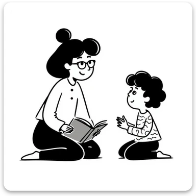 educator or speech therapist with child, who helps child with lessons sticker