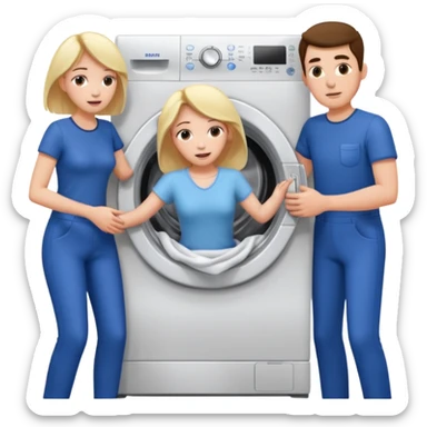 Eine Frau mit dem in der Waschmaschine feststeckt und zwei Männer die hinten an ihr ziehen um ihr zu helfen  sticker