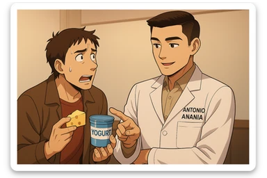 fai un webtoon manga a colori con questo stile, in cui un uomo fa una domanda al kinesiologo con il camice bianco (fagli anche la scritta "ANTONIO ANANIA" SUL CAMICE, l'uomo chiede una cosa mostrando un formaggio e uno yogurt al kinesiologo con il camice, IL KINESIOLOGO annuisce e SPIEGA ALL'UOMO UNA cos. L'UOMO ha un ESPRESSIONE CONFUSA IN VOLTO. non fare i fumetti però, fai solo in modo che sembri stiano parlando sticker