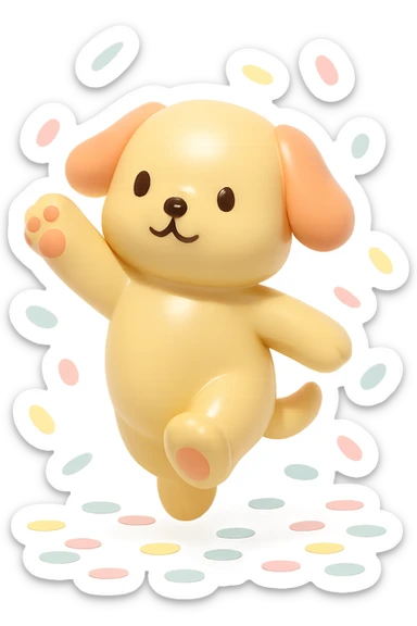 puppy jumping in confetti with paw up, vinyl figure style sticker