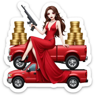 Lilith symbol red eye seductress evil long brown haired sexy succubus woman. Wearing Chanel  long dress with slit, sitting on top of a  giant lifted F350 pickup truck. Black Platform heels on feet. Back of truck full of stacks of cash, sitting behind her is  a human skull with a gun in other hand sticker