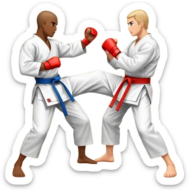 An icon symbolizing traditional Karate, showing two opponents engaged in a sparring match. One is about to deliver a powerful punch, while the other is in a defensive stance. The background includes elements like a dojo and wooden floor. Transparent background sticker