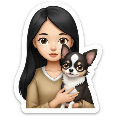 Thai girl with long black hair holding a black and white Chihuahua dog sticker
