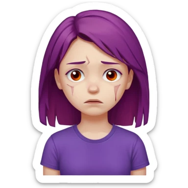 Young girl with red, damaged, and unattractive hair, wearing a purple T-shirt, with a sad face. sticker