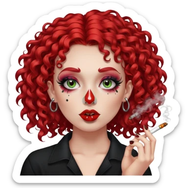 bright red curly hair alt girl with dark makeup and gauged septum, eyebrow and nose piercings smoking weed sticker