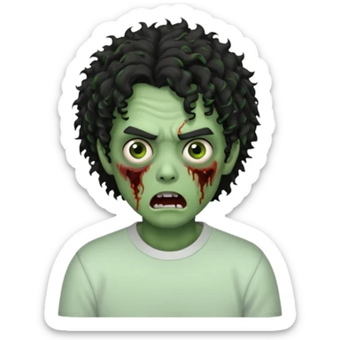 Zombie with black medium curly hair with a white crewneck shirt making a scared face  sticker