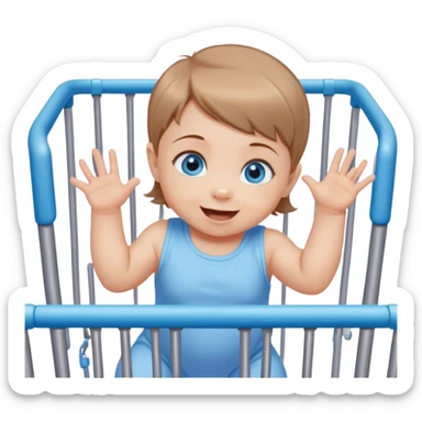 Blue-eyed baby girl with short light brown hair, mischievous smile climbing out of playpen sticker
