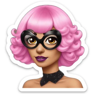 Drag Queen wearing pink wig and extravagant makeup with a black pug dog sticker