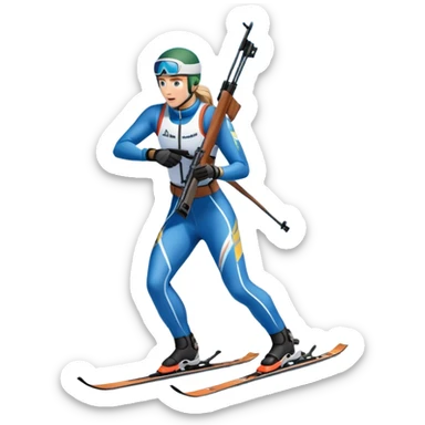 An icon featuring snow-covered trees, distant mountains, and a clear blue sky with a biathlete in motion, holding a rifle and skiing across a snowy course. Transparent background highlights the precision, endurance, and excitement of biathlon. sticker