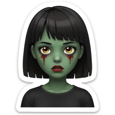 Zombie girl emoji verde escuro com cabelo curto liso preto no ombro e franja na altura da sobrancelha cobrindo completamente a testa, usando uma blusa preta, com olhos castanhos escuros sticker