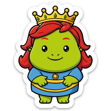 Princess Fiona as a classic fairytale princess, green ogre, red hair, wearing a crown sticker