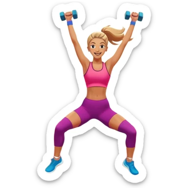An energetic person performing an aerobics workout in a brightly lit gym, jumping and stretching with enthusiasm. The scene includes vibrant fitness equipment like dumbbells and exercise mats, with a background of cheerful, motivating colors, conveying energy and movement. sticker
