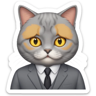 British Shorthair with yellow eyes wears gray suit attends a press conference. sticker