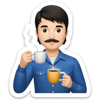 generate an ios genmoji of a fair young guy with black mustache, mullet hairstyle, drinking coffee sticker