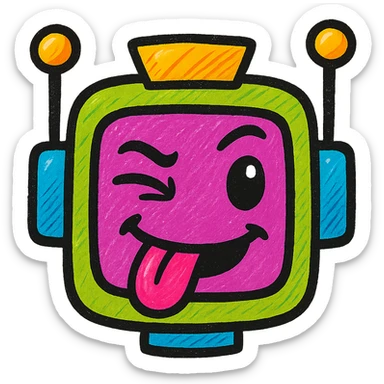 Make a sarcastic robot with the same color palette (purple, green, orange, blue), but with a new sarcastic facial expression such as tongue out, eyebrow raised, or winking. Keep the playful, bold look in vibrant pop colors style. sticker