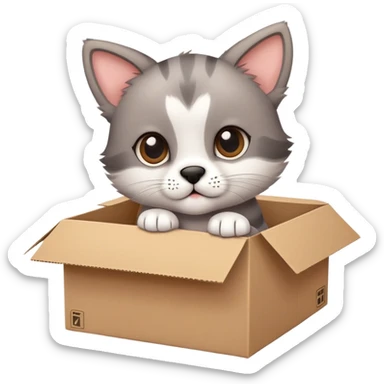  A very cute young puppy cat with one's head tilted to one side poked its paws out of the cardboard big box and placed them on top of it sticker