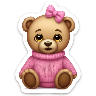 Cute Teddy Bear with big eyes, wearing a pink bow and pink knitted Sweater  sticker