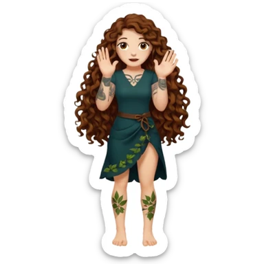 full body view of a woman with long curly brown hair, brown eyes, white skin, tattoos, slow sarcastic clap, glowing leaves falling sticker