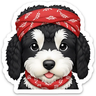 Black bernadoodle with white around mouth and big white eyebrows with bandana around neck sticker