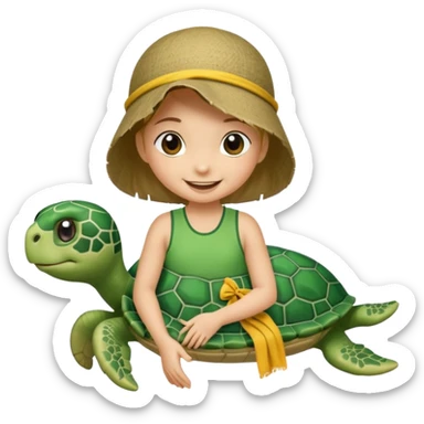 Haz una tortuga bonita, que sea niña, con ropa como si estuviera haciendo voluntariado, que Rea presente la limpieza de playas y el de refugio de animal sticker