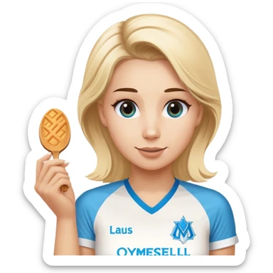 Une photo d’une support Iris, blonde de l’olympique de Marseille qui dit bon appétit sticker