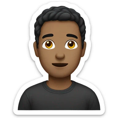 man with short dark brown hair, light skin, neutral expression, and wearing a dark t-shirt sticker