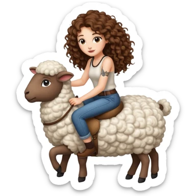 cute woman long curly brown hair tattoos riding fluffy sheep sticker