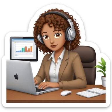 a woman with brown curly hair in an office working with laptop listening to music sticker