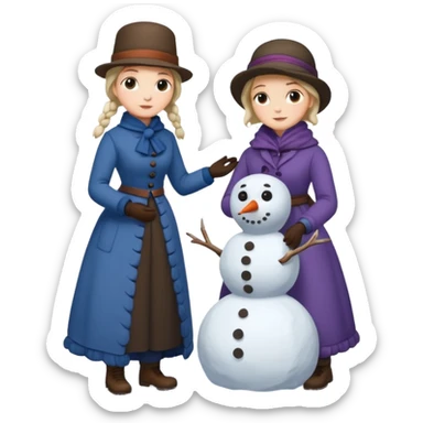  young Virginia Poe and  eldely Maria Clemm  full body building a snowman  1800's sticker