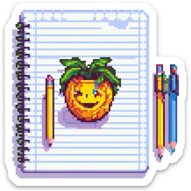 minimalist happy notebook with pencil, symbolizing daily writing and reflection, pixel art style sticker