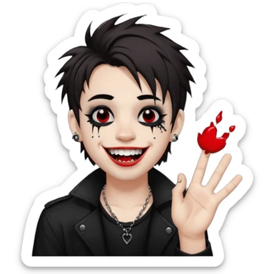 Laughing pale Goth boy with a bunch of face piercings, with shaggy dark brown hair, and messy black eyeliner , smudged, red, lipstick and rock on hand sign sticker