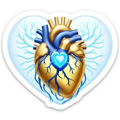 Golden omega-3 fish oil capsule with ethereal blue glowing aura connecting to a translucent heart and brain, showing energy flowing between them, with soft light waves sticker