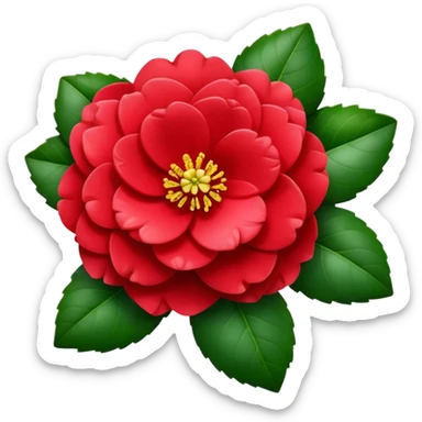 Beautiful red camellia flower with layered petals and glossy green leaves sticker