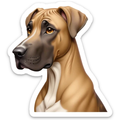 Cinematic Noble Fawn Great Dane Portrait Emoji, Poised and regal, with a towering, muscular build and a sleek, well-groomed solid fawn Fur accented by subtle dark markings, deep-set soulful amber eyes, Simplified yet sharp and sophisticated features, highly detailed, glowing with a soft, dignified glow, high shine, intelligent and gentle, stylized with an air of majesty, focused and attentive, soft glowing outline, capturing the essence of a watchful and confident guardian, so majestic it feels as though it could stride out of the screen with effortless authority! sticker
