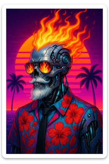 A silver android skull with mechanical features, white beard, and sunglasses reflecting flames. Flaming hair erupts from the head. Dressed in a Hawaiian shirt (red hibiscus, pink/blue gradient) and black tie, with visible glowing tubes and mechanical parts. Background: neon synthwave sunset, stylized sun, palm trees, intense retro color gradients. Style: cyberpunk, vaporwave, retrofuturism. sticker