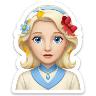 Patty Andrews from the Andrews Sisters with long platinum blonde hair, blue eyes, ivory outfit sticker