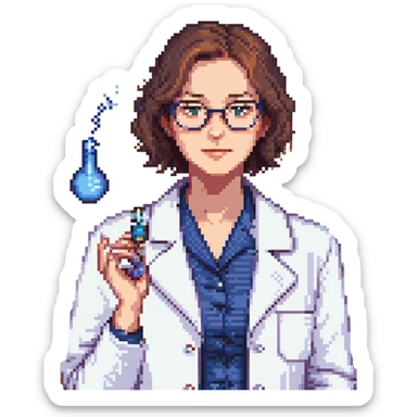 Flat pixel art, a female chemist, wearing glasses, white lab coat over indigo shirt, focusing on lab experiment, holding a flash in her right hand, waist-up, front-facing sticker