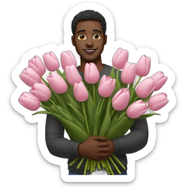 Black man with a huge bouquet of pink and white tulips in his arms sticker