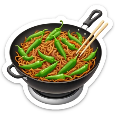 Green Pepper with Shredded Pork in wok, simplified emoji style with bold outlines and bright colors, cartoon style Qing Jiao Rou Si homestyle dish sticker