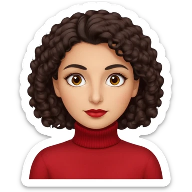30 yr iranian woman dark brown hair curly wavy short hair, red turtle neck sweater, thick eyebrows sticker