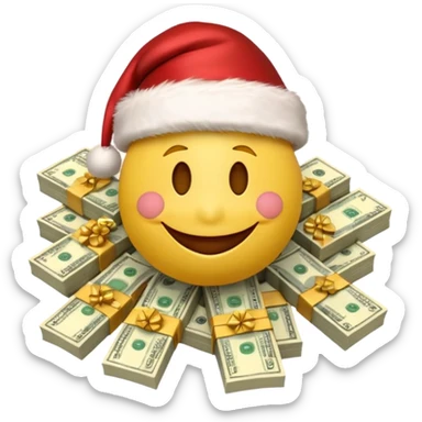 A festive 3D emoji style yellow smiley face wearing a Santa hat, surrounded by stacks of cash and dollar bills, joyful expression, Christmas and New Year theme, high quality, clean design, studio lighting, no text, no background, isolated object, transparent background, emojis.com style sticker