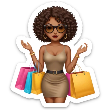 Rich dark brown girl with dark brown mid-length curly hair expensive retail shopping bags and sunglasses sticker