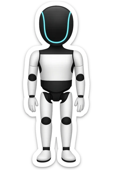 Create a fullbody Tesla robot emoji with the exact head from the reference image, arms down pose, apple emoji style, neutral expression, ensuring the head and feet are fully in frame. sticker