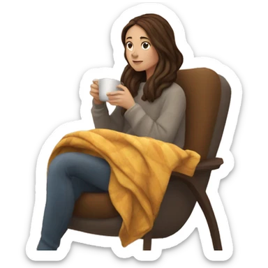 Brunette white girl covered in blanket autumn vibe sitting on a cozy chair holding coffee, window on the background sticker