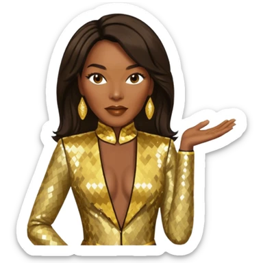 Angela Bassett with long dark brown hair, gold sequin outfit sticker