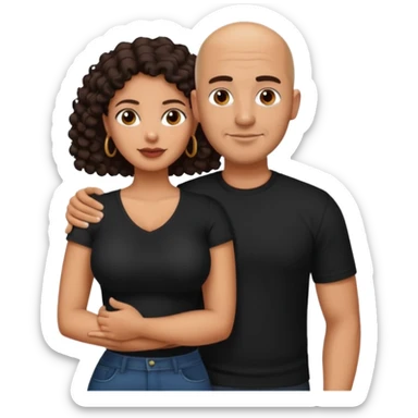 A picture of a tanned couple with the man's arm around her. the man is a Mexican man with tanned skin, a bald hair cut, short beard and wearing a black shirt. the woman is mixed, with curly dark brown hair and with big boobs  sticker