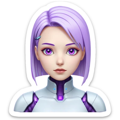 Cyberpunk female android, perfect porcelain skin, glowing artificial eyes, visible faint seams on neck, sleek metallic hair, expressionless, vibrant violet lighting sticker
