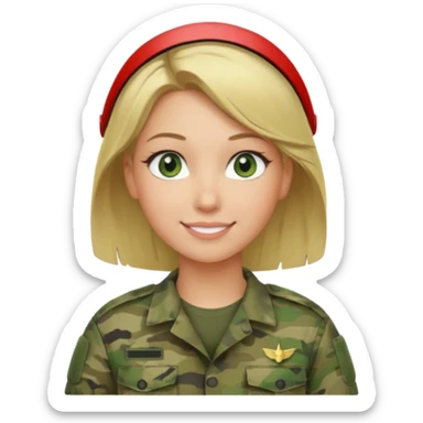 Apple-style emoji: female soldier, bust, no cap/helmet, friendly smile, generic camo top, blonde hair sticker