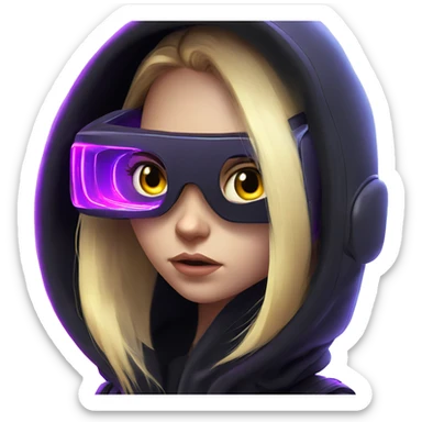 Russian cute blond girl wearing black hoody with violet letters "OMG", in vr headset. Cyberpunk style. Violet neon. sticker