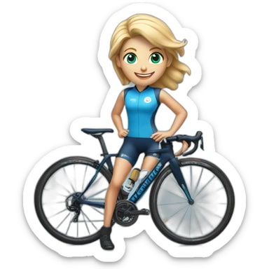 small blonde woman cyclist with brown eyes, very smiling, with dark blue outfit and sky blue infinity logo as sponsor sticker